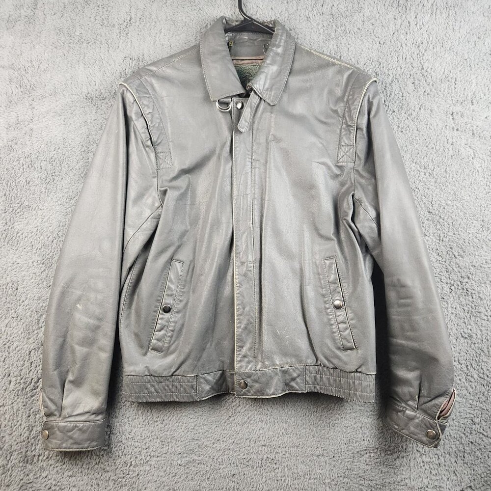 Vintage Leather Bomber Jacket 40L Flight Moto‎ Gray/Green Biker Removeable Liner